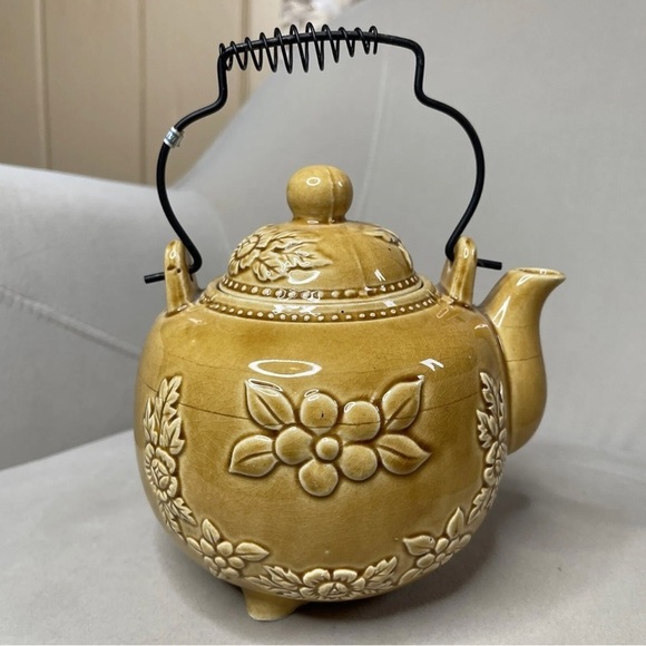 Vintage Tea Time Mustard Yellow Porcelain Teapot Kitchen Decor Floral Japan - Picture 3 of 5